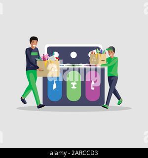 People sorting waste flat vector illustration. African american boys isolated cartoon characters separating garbage in different containers. Eco friendly lifestyle, trash recycling, waste management Stock Vector