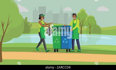 Volunteers cleaning park flat vector illustration. Environment protection, nature pollution reducing, waste management. People taking out garbage in bins for recycling, activists cartoon characters Stock Vector