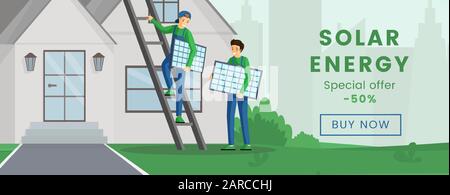 Solar panels installation flyer flat template. Using alternative energy discounts, special offer. Solar panels, photovoltaic module mounting service advertising printable banner vector design layout Stock Vector