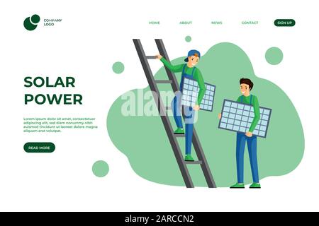 Solar power landing page flat template. Using alternative and renewable green energy website design. Solar panels installation, photovoltaic module mounting service web one page cartoon layout Stock Vector