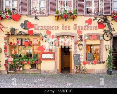 The ornately decorated Brasserie des Tanneurs in the old tanners district of Colmar Alsace France Stock Photo