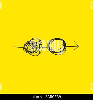 Tangle tangled and untangled with arrow. Abstract metaphor, concept of solving problems in business, psychoterapy icon. Vector illustration Stock Vector