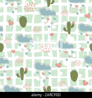 Seamless Pattern with cacti, hearts and clouds raining with hearts. Vector Illustration Stock Vector