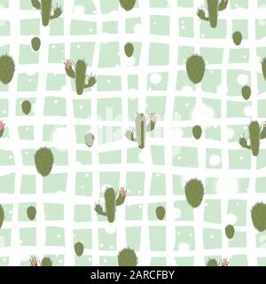 Cute seamless pattern with green cacti on black background. Vector Illustration Stock Vector