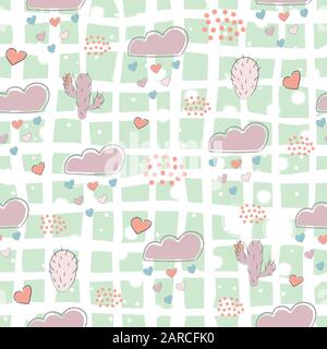 Seamless Pattern with cacti, hearts and clouds raining with hearts. Vector Illustration Stock Vector