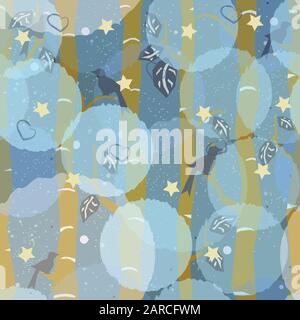 Seamless Tree Pattern with big birds and leaves. Vector Illustration. Stock Vector