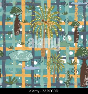 Seamless Pattern with Palms, baobabs, ponds. Scandinavian Style. Vector Illustration Stock Vector