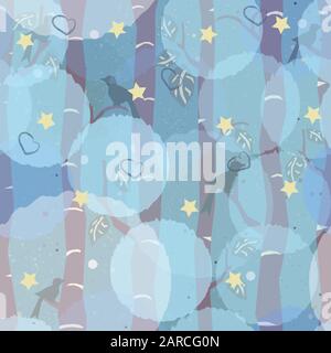 Seamless Tree Pattern with big birds and leaves. Vector Illustration. Stock Vector