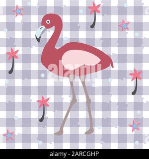 Cute Pink Flamingo with Palms and Stars on a Blue Background with Stripes. Summer Collection. Vector Illustration. Stock Vector