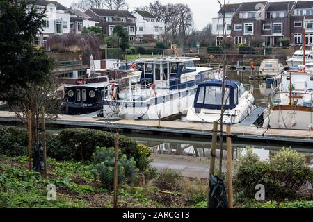 Boats moored on pontoons in yacht basin at Chiswick Key, on River Thames, Chiswick, London, UK with residential properties built besides the water. Stock Photo