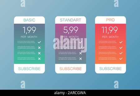 Comparison pricing list. Comparing price or product plan chart. Services cost table vector infographics template. eps 10 Stock Vector