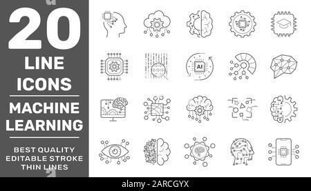 Modern thin line icons set of modern technology machine learning and artificial intelligent. Premium quality outline symbol collection. Editable Stock Vector