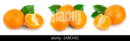 tangerine or mandarin fruit with leaves isolated on white background. Set or collection. Stock Photo