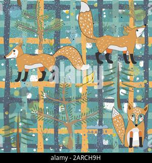 Seamless Pattern with cute Foxes. Scandinavian Style. Stock Vector