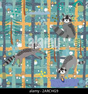 Seamless Pattern with Raccoons. Cartoon Design. Scandinavian Style ...