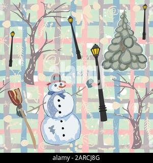 Seamless Winter Pattern with Snowman and spruce trees. Vector Illustration Stock Vector