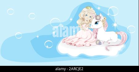 princess and unicorn on cloud in sky with bubbles. Picture in hand drawing cartoon style, for t-shirt wear fashion print design, greeting card, postca Stock Vector