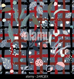 Hand Drawn Seamless Pattern with plants and berries. Artistic Creative Design. Great for backgrounds, backdrops, cars, postcards, invitations, headers Stock Vector