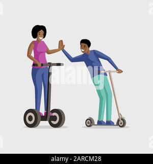 Young people riding scooters flat vector illustration. Entertainment, active leisure, rest together. Smiling man and woman on kick scooters cartoon characters isolated on white background Stock Vector