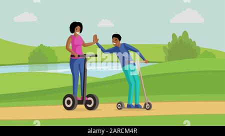Young couple riding scooters near river flat vector illustration. Friendship, entertainment, active leisure, rest together. Smiling man and woman on kick scooters cartoon characters Stock Vector