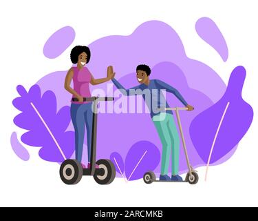 Boy and girl riding scooters flat vector illustration. Friends, enamoured couple, smiling young people on electric and kick scooters cartoon characters. Walk, recreation, active rest together Stock Vector