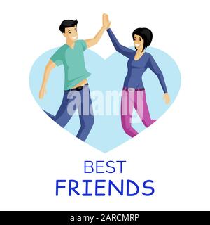 Best friends, smiling people flat vector illustration. Man and woman giving high five in heart shaped frame. Positive emotions, friendship, young couple cartoon characters isolated on white background Stock Vector