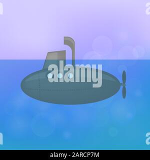 Grey Submarine Sails on Blue Pink Blurred Background Stock Vector