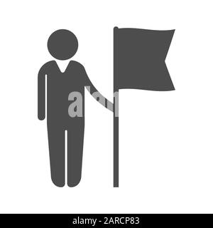 Vector icon of a man with a flag. A flat silhouette is isolated on a white background for websites, apps, and theme design of achievement, victory, or Stock Vector