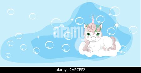 princess unicorn on cloud in sky with bubbles. Picture in hand drawing cartoon style, for t-shirt wear fashion print design, greeting card, postcard. Stock Vector