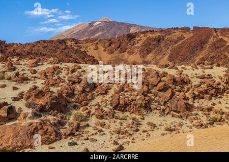 view of mount teide peak from the national park rocky lunar desert landscape tenerife Spain Stock Photo