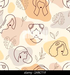 Vector pattern with the faces of girls and leaves of plants in several colors. Stock Vector