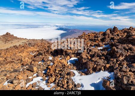 view from mountain top Mount Teide is a volcano on Tenerife in the Canary Islands, Spain. Its summit is the highest point in Spain Stock Photo