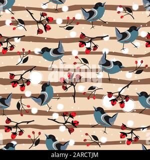 Bird Seamless Pattern. Bullfinch birds on dark background with red berries of rowan and brier. Winter/Merry Christmas Collection.Vector Illustration. Stock Vector