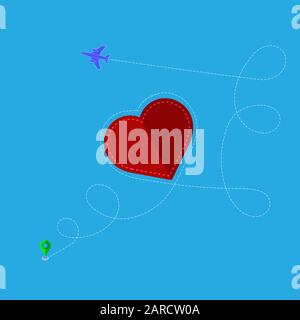 Airplane Flying on Blue Sky Background. Dotted Route Path with Red Heart. Concept of Aviation Stock Vector