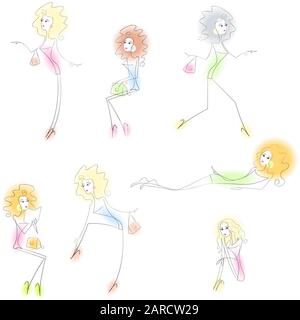 Women and Girls in different poses. The girl is in a hurry, standing, sitting with pursed her legs, running, reading, corrects shoes, holds handbag. Stock Vector