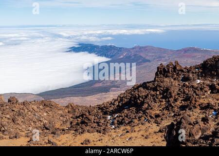 view from mountain top Mount Teide is a volcano on Tenerife in the Canary Islands, Spain. Its summit is the highest point in Spain Stock Photo