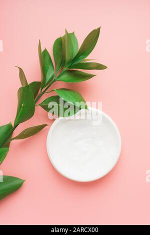 Means for skin care, rejuvenation and hydration of the face. Moisturizing cream on a patel pink background with a branch of green. Stock Photo