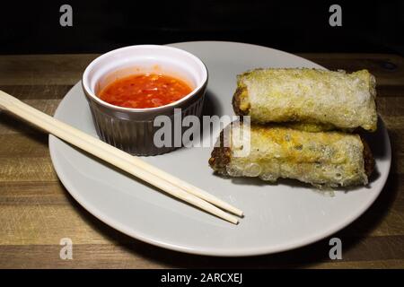 Closeup of vietnamese spring rolls in rice paper, Traditional vietnamese fried spring Rolls, Chinese food spring roll Stock Photo