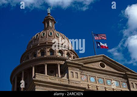 The pink marble granite Texas Capitol building is located at the end of Congress Avenue in downtown Austin, Texas. Stock Photo