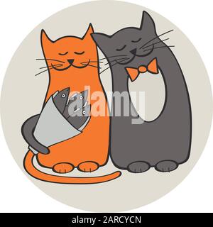 Couple of cats in love holding bouquet of fish, vector illustration Stock Vector