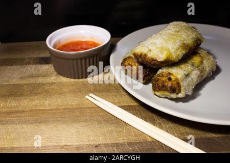 Closeup of vietnamese spring rolls in rice paper, Traditional vietnamese fried spring Rolls, Chinese food spring roll Stock Photo
