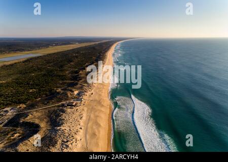 Aerial view of the beautiful Comporta Beach at the Troia Peninsula in Portugal. Stock Photo