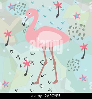 Creative Summer Pattern with exotic bird flamingo on stripped background with palms and stars. Vector Illustration Stock Vector