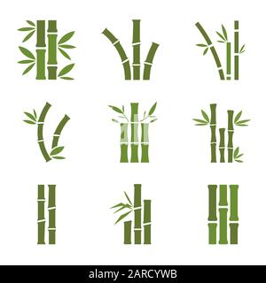 Bamboo stalks and leaves vector icons. Stick bamboo with foliage Stock Vector