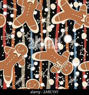 Seamless Winter Pattern with hand drawn gingerbread cookies and funny winter doodles. Delicate Design. Vector Illustration. Stock Vector