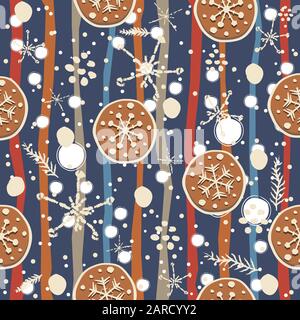 Seamless Winter Pattern with hand drawn gingerbread cookies and funny winter doodles. Delicate Design. Vector Illustration. Stock Vector