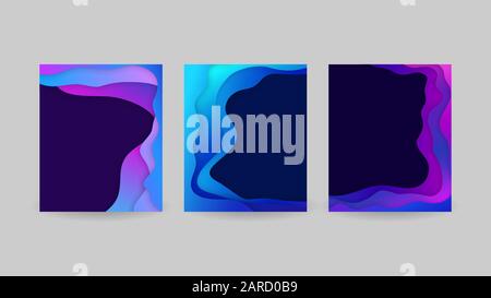 Liquid shapes in great blue purple gradients paper cut modern colored cards banners square backgrounds set Stock Vector