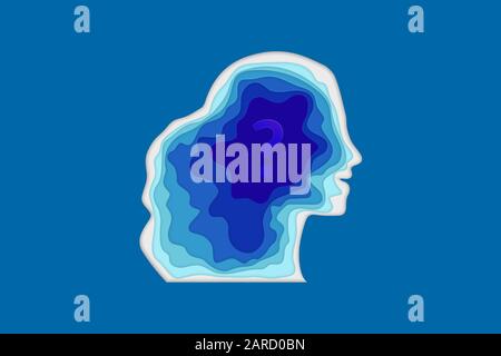 Thinking mind woman paper cut head silhouette vector art with question mark in soft blue calm colors Stock Vector