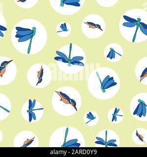 Pond Life in Circles, dragonflies and kingfishers on seamless repeat vector pattern, green surface design Stock Vector