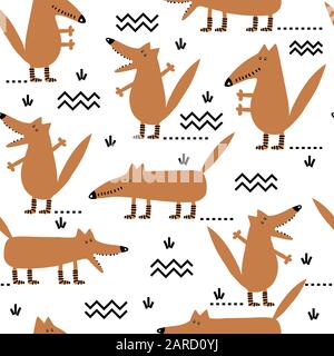 Seamless childish pattern with cute foxes and hand drawn elements. Stock Vector